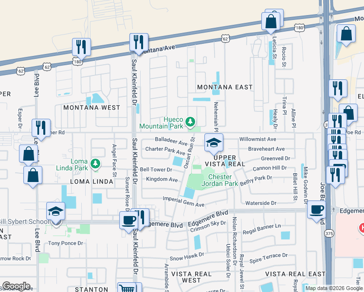 map of restaurants, bars, coffee shops, grocery stores, and more near 11800 Balladeer Avenue in El Paso