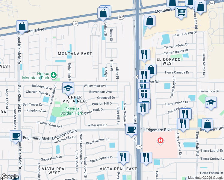 map of restaurants, bars, coffee shops, grocery stores, and more near 12053 Braveheart Avenue in El Paso