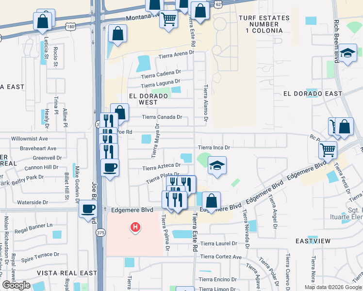 map of restaurants, bars, coffee shops, grocery stores, and more near 12341 Tierra Inca Drive in El Paso