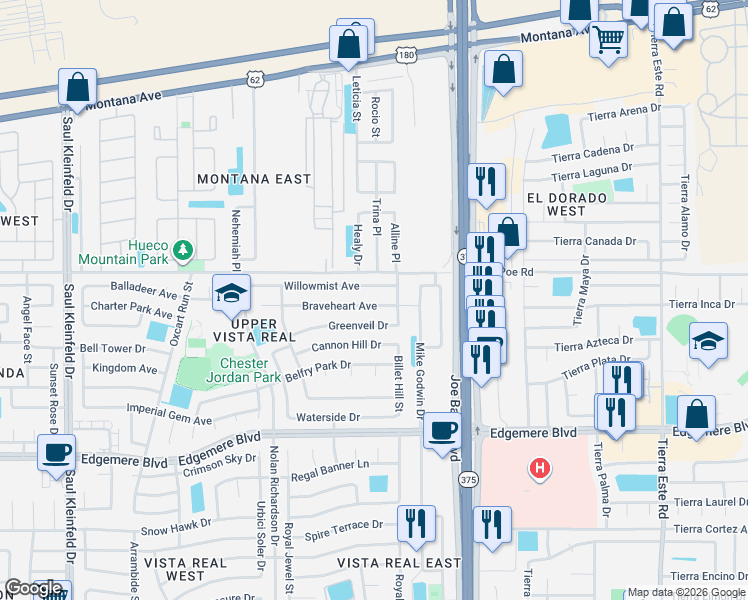 map of restaurants, bars, coffee shops, grocery stores, and more near 12053 Braveheart Avenue in El Paso
