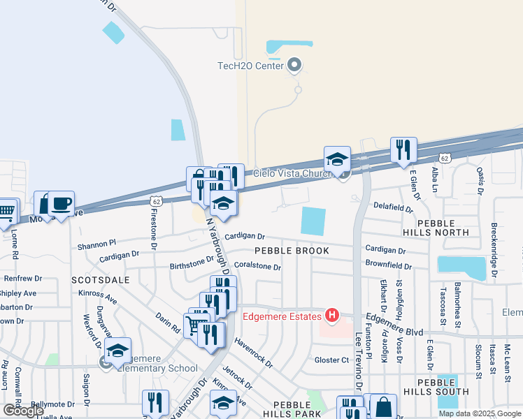 map of restaurants, bars, coffee shops, grocery stores, and more near 10677 Cardigan Drive in El Paso