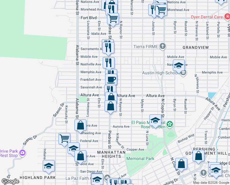 map of restaurants, bars, coffee shops, grocery stores, and more near 2907 Altura Avenue in El Paso