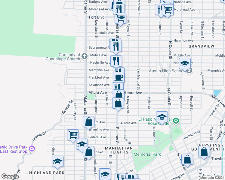 map of restaurants, bars, coffee shops, grocery stores, and more near 2803 Altura Avenue in El Paso