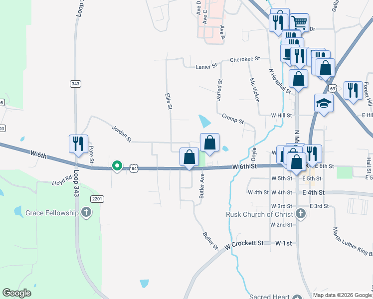 map of restaurants, bars, coffee shops, grocery stores, and more near 114 Thompson in Rusk