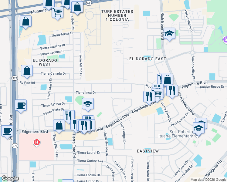 map of restaurants, bars, coffee shops, grocery stores, and more near 3640 Sammy Reece PIace in El Paso