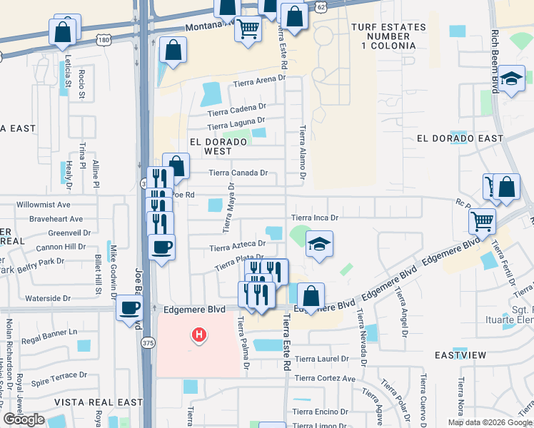 map of restaurants, bars, coffee shops, grocery stores, and more near 12341 Tierra Inca Drive in El Paso