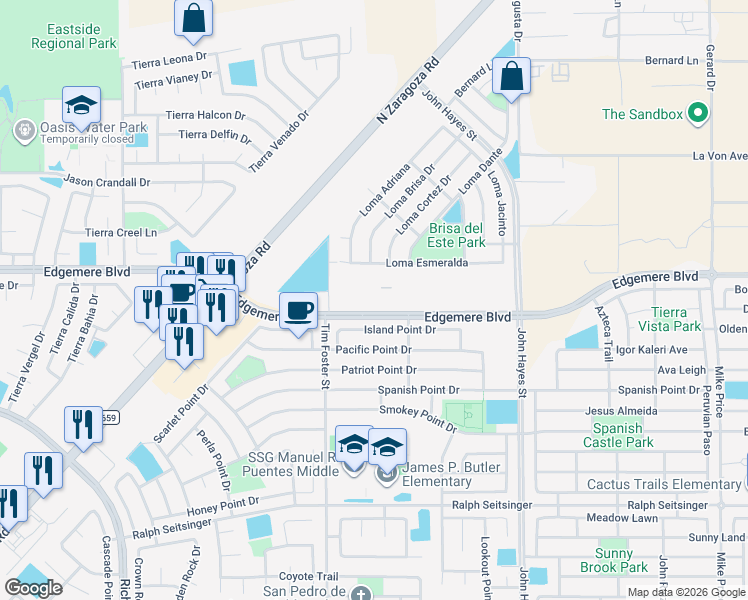 map of restaurants, bars, coffee shops, grocery stores, and more near 14363 Edgemere Boulevard in El Paso