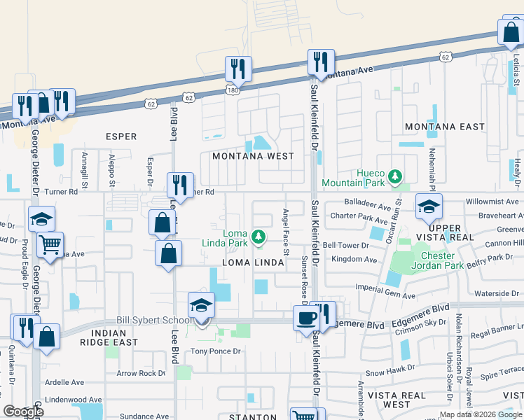 map of restaurants, bars, coffee shops, grocery stores, and more near 3644 Sandy Plateau Circle in El Paso