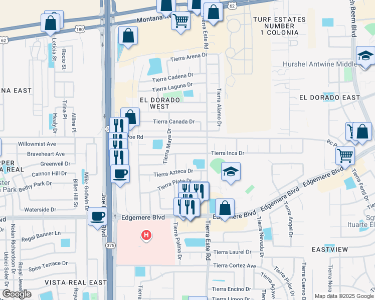map of restaurants, bars, coffee shops, grocery stores, and more near 12341 Tierra Inca Drive in El Paso