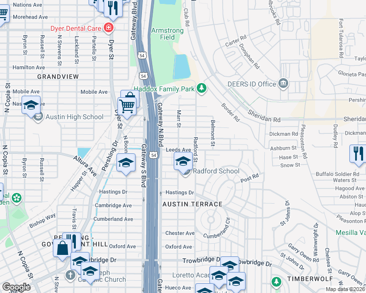 map of restaurants, bars, coffee shops, grocery stores, and more near 4411 Leeds Avenue in El Paso