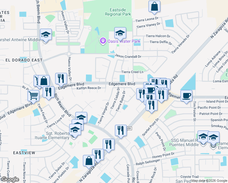 map of restaurants, bars, coffee shops, grocery stores, and more near 3648 Tierra Vergel Drive in El Paso
