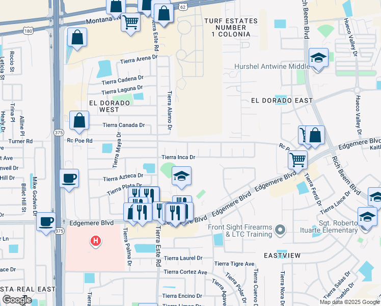 map of restaurants, bars, coffee shops, grocery stores, and more near 3644 Pablo Sanchez Place in El Paso