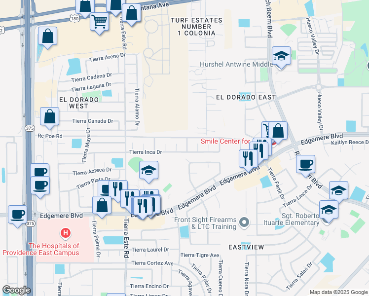map of restaurants, bars, coffee shops, grocery stores, and more near 3645 Sammy Reece PIace in El Paso
