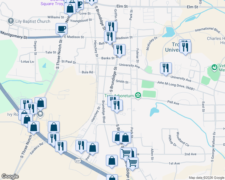 map of restaurants, bars, coffee shops, grocery stores, and more near 818 South Brundidge Street in Troy