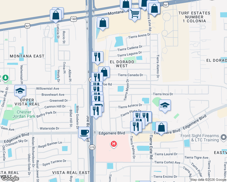 map of restaurants, bars, coffee shops, grocery stores, and more near 12245 Tierra Inca Drive in El Paso