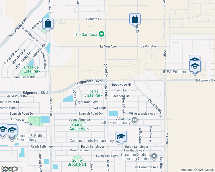 map of restaurants, bars, coffee shops, grocery stores, and more near 3312 Peruvian Paso in El Paso