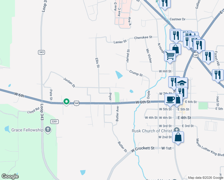 map of restaurants, bars, coffee shops, grocery stores, and more near 114 Thompson Street in Rusk