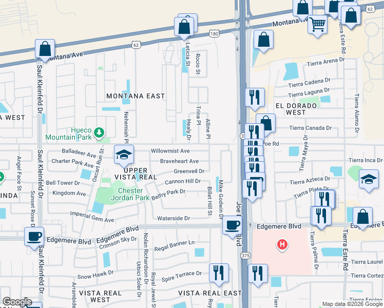 map of restaurants, bars, coffee shops, grocery stores, and more near 12053 Braveheart Avenue in El Paso