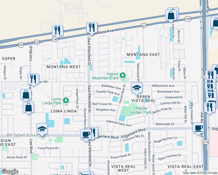 map of restaurants, bars, coffee shops, grocery stores, and more near 11761 Charter Park Avenue in El Paso