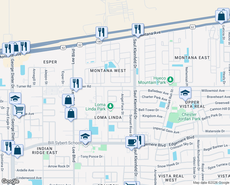 map of restaurants, bars, coffee shops, grocery stores, and more near 3644 Sandy Plateau Circle in El Paso
