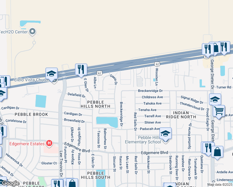map of restaurants, bars, coffee shops, grocery stores, and more near 3558 Oasis Drive in El Paso