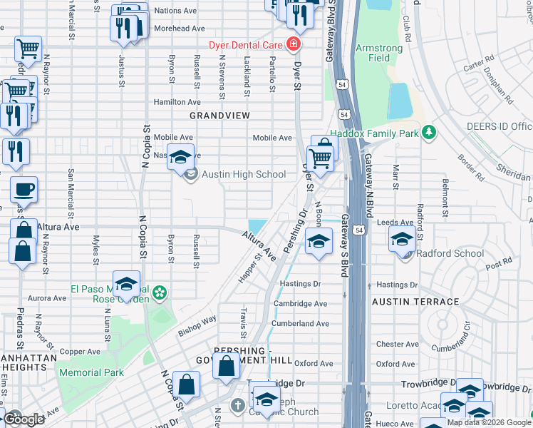 map of restaurants, bars, coffee shops, grocery stores, and more near 2133 Happer Street in El Paso