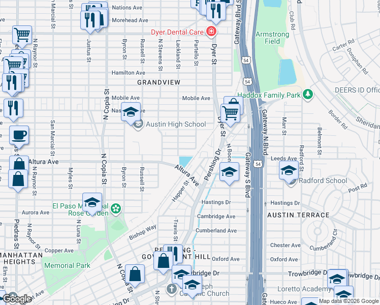 map of restaurants, bars, coffee shops, grocery stores, and more near 3800 Savannah Avenue in El Paso