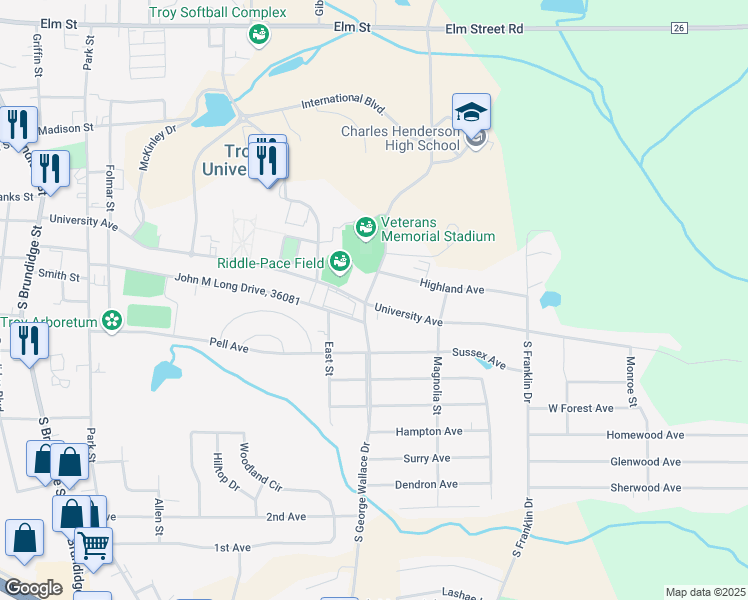 map of restaurants, bars, coffee shops, grocery stores, and more near 105 South George Wallace Drive in Troy