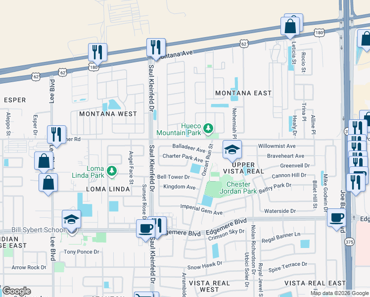 map of restaurants, bars, coffee shops, grocery stores, and more near 11761 Charter Park Avenue in El Paso