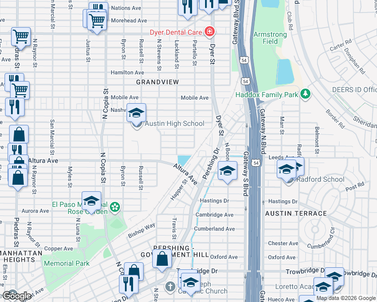 map of restaurants, bars, coffee shops, grocery stores, and more near 3800 Savannah Avenue in El Paso