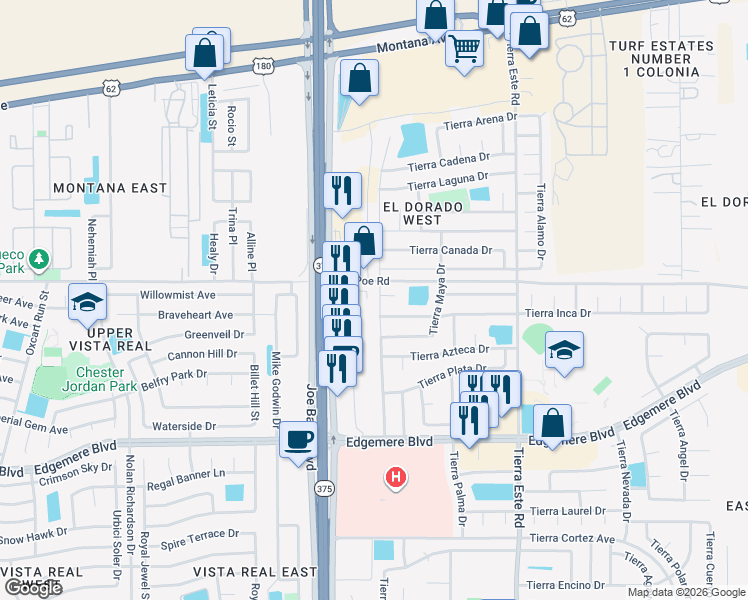 map of restaurants, bars, coffee shops, grocery stores, and more near 3661 Tierra Zafiro Drive in El Paso