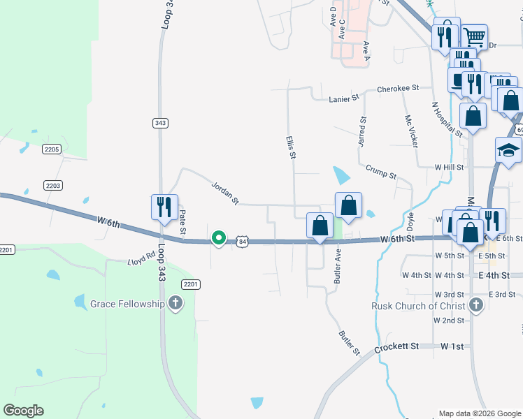 map of restaurants, bars, coffee shops, grocery stores, and more near 301 Jordan Street in Rusk