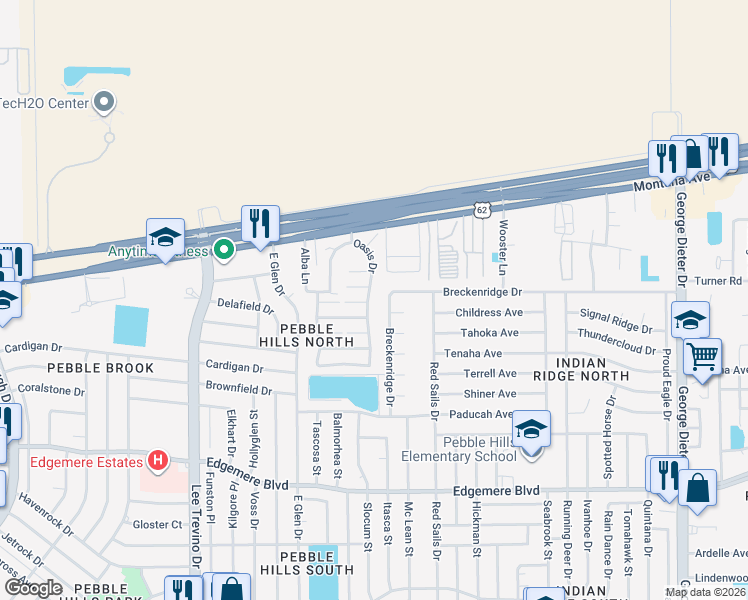 map of restaurants, bars, coffee shops, grocery stores, and more near 3558 Oasis Drive in El Paso