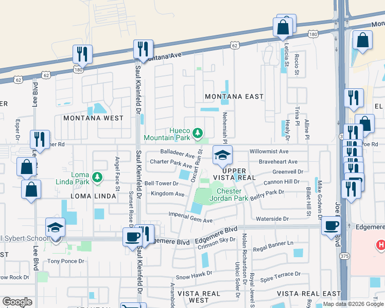 map of restaurants, bars, coffee shops, grocery stores, and more near 3564 Cachet Place in El Paso