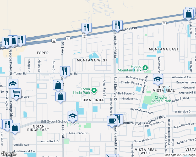 map of restaurants, bars, coffee shops, grocery stores, and more near 3644 Sandy Plateau Circle in El Paso