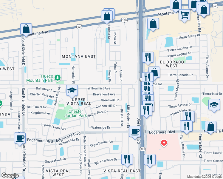 map of restaurants, bars, coffee shops, grocery stores, and more near 12053 Braveheart Avenue in El Paso