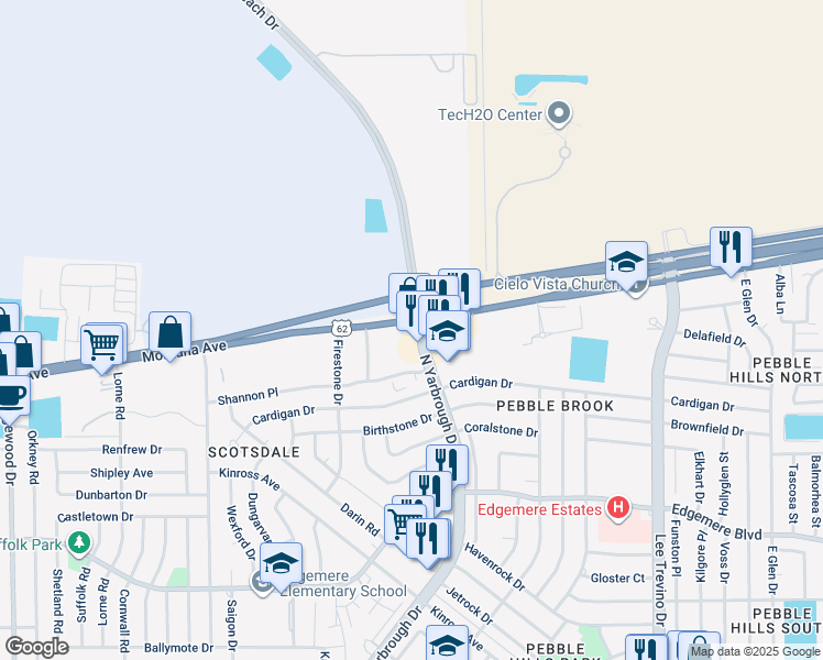 map of restaurants, bars, coffee shops, grocery stores, and more near 10568 Montana Avenue in El Paso