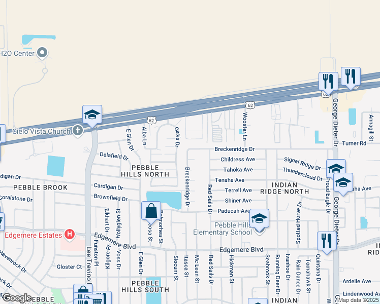 map of restaurants, bars, coffee shops, grocery stores, and more near 3586 Breckenridge Drive in El Paso