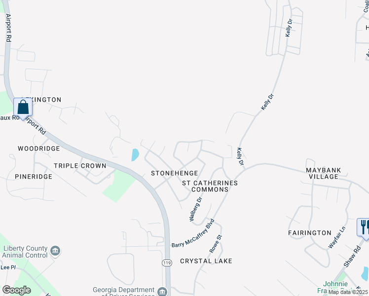map of restaurants, bars, coffee shops, grocery stores, and more near 1957 Woking Court in Hinesville