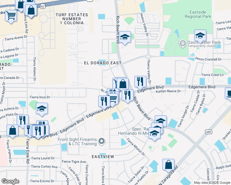map of restaurants, bars, coffee shops, grocery stores, and more near 12700 Tierra Aurora Drive in El Paso