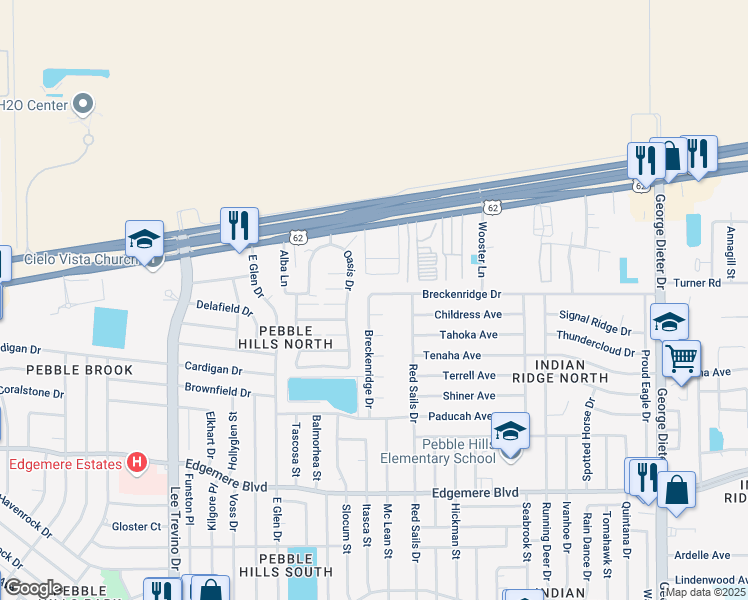 map of restaurants, bars, coffee shops, grocery stores, and more near 3586 Breckenridge Drive in El Paso