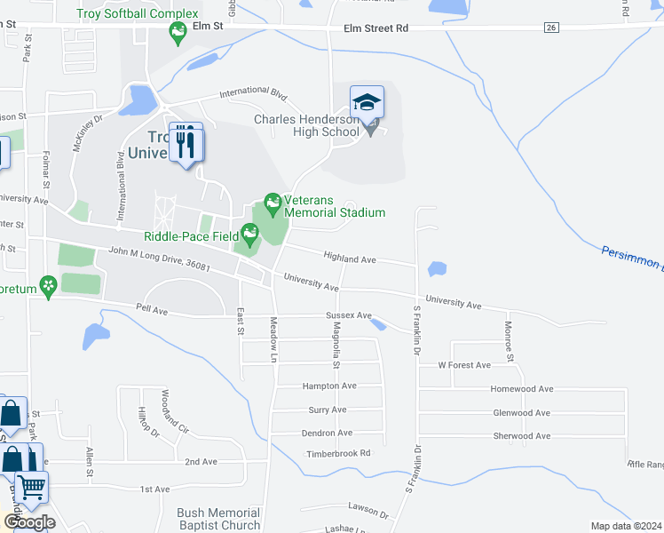 map of restaurants, bars, coffee shops, grocery stores, and more near 800 University Avenue in Troy