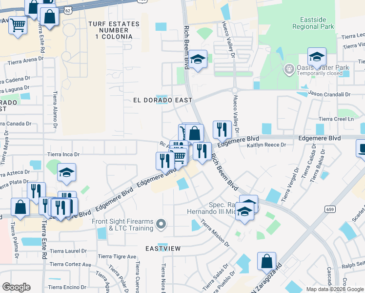 map of restaurants, bars, coffee shops, grocery stores, and more near 12700 Tierra Aurora Drive in El Paso