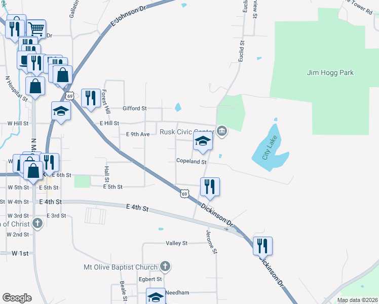 map of restaurants, bars, coffee shops, grocery stores, and more near 517 Copeland Street in Rusk
