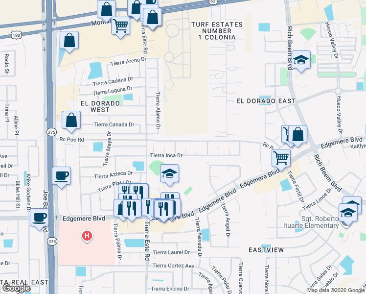 map of restaurants, bars, coffee shops, grocery stores, and more near 3653 Rachel Crystel PIace in El Paso