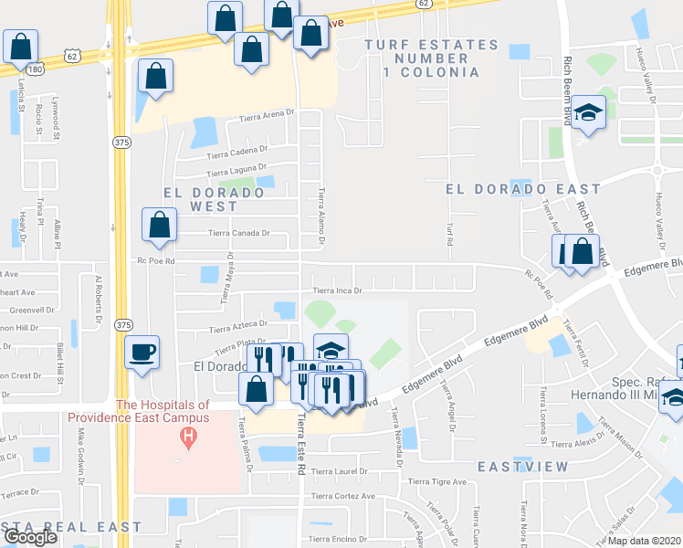 map of restaurants, bars, coffee shops, grocery stores, and more near 3641 Maya Lizabeth Place in El Paso