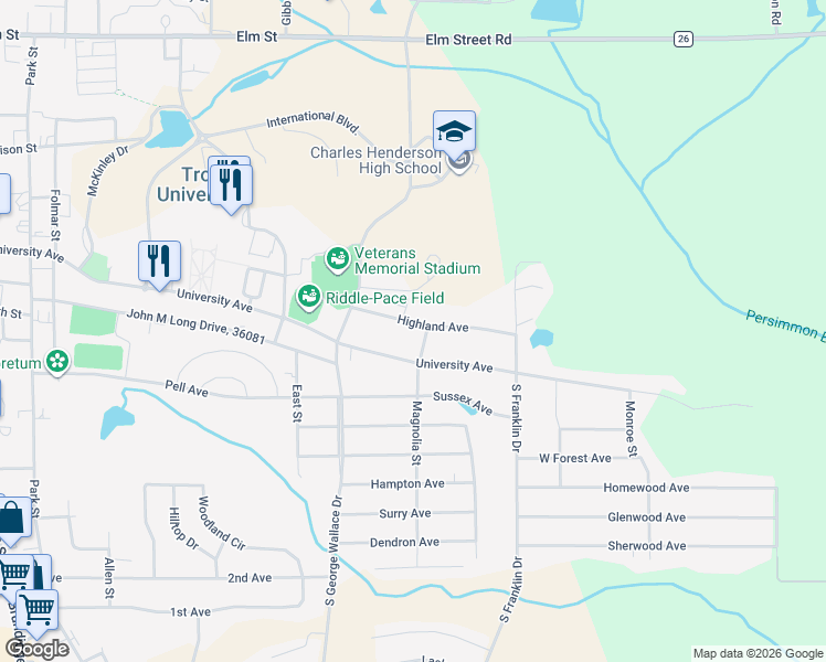 map of restaurants, bars, coffee shops, grocery stores, and more near 800 University Avenue in Troy