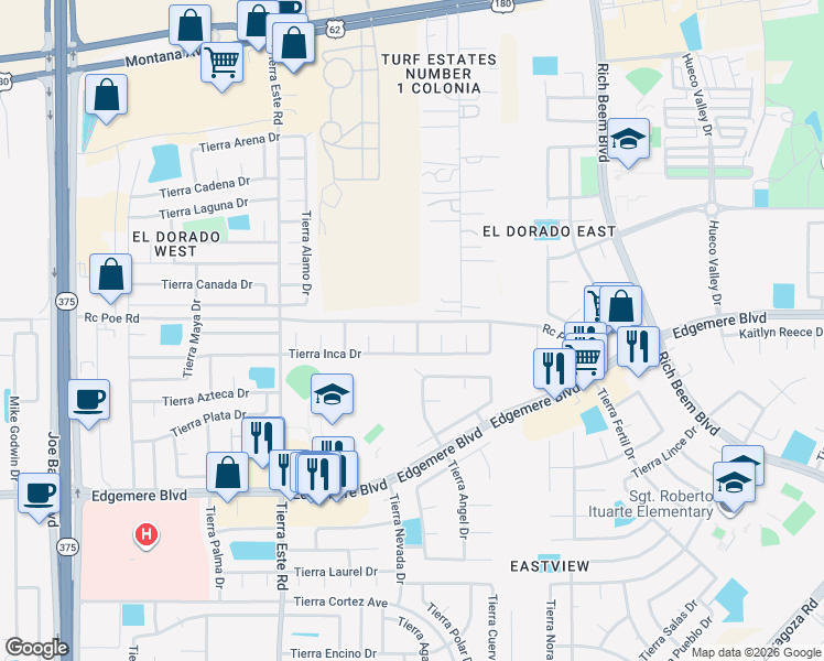 map of restaurants, bars, coffee shops, grocery stores, and more near 3640 Sammy Reece PIace in El Paso