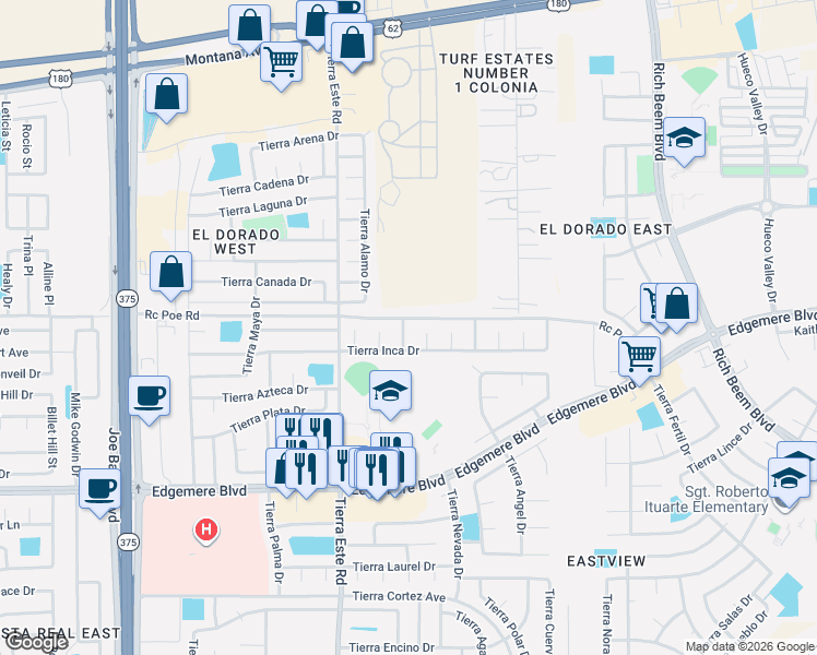 map of restaurants, bars, coffee shops, grocery stores, and more near 3640 Pablo Sanchez Place in El Paso