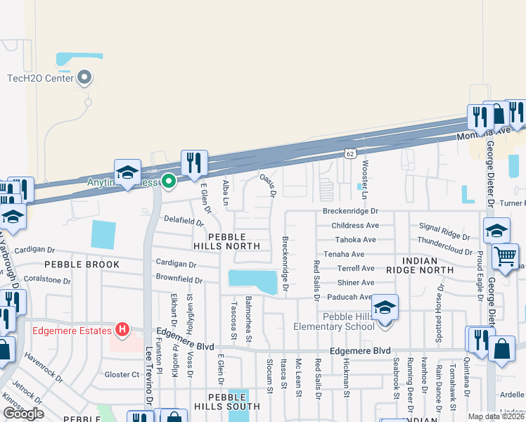 map of restaurants, bars, coffee shops, grocery stores, and more near 3558 Oasis Drive in El Paso